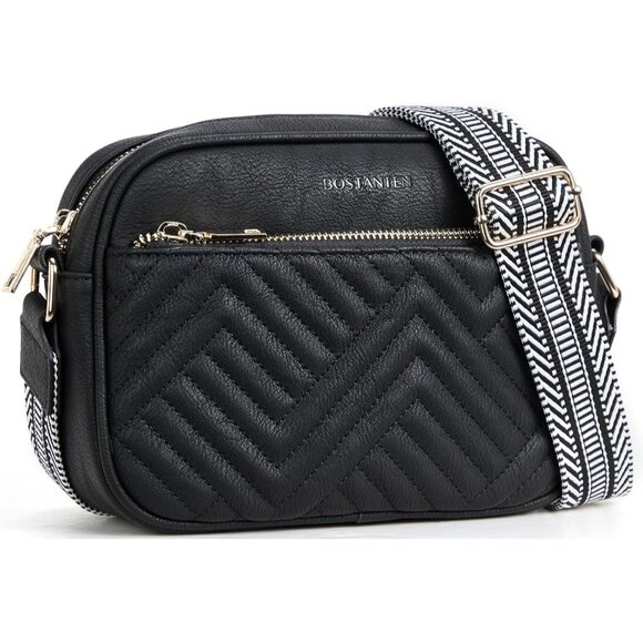 Quilted Vegan Leather Crossbody Black Bag Women Wide Strap and Shoulder Use - Picture 1 of 8